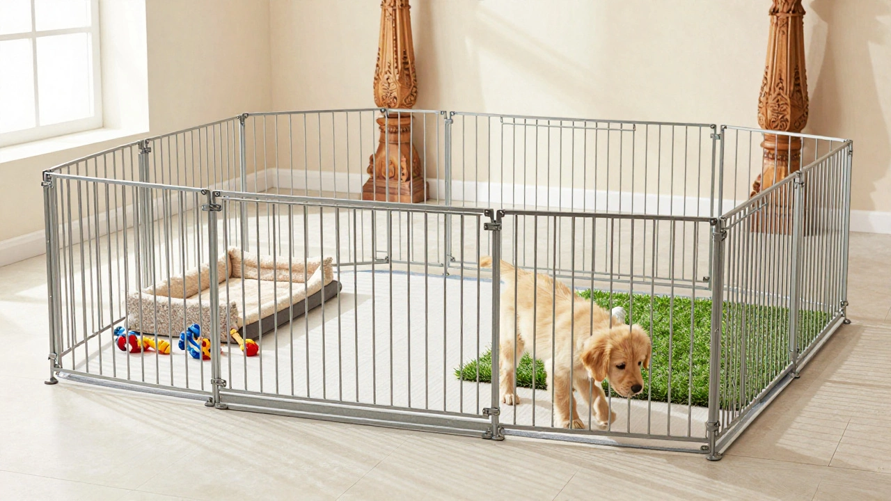 Playful puppy exploring a spacious exercise pen with distinct play and sleep zones.