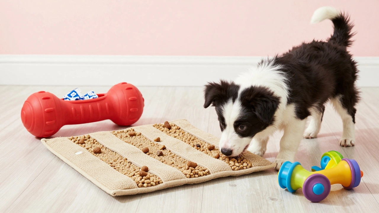 Puppy playing with snuffle mat and puzzle feeder toys on the floor