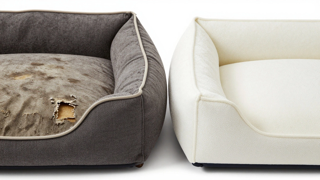 Side-by-side comparison of a torn, worn-out dog bed versus a new, pristine memory foam bed
