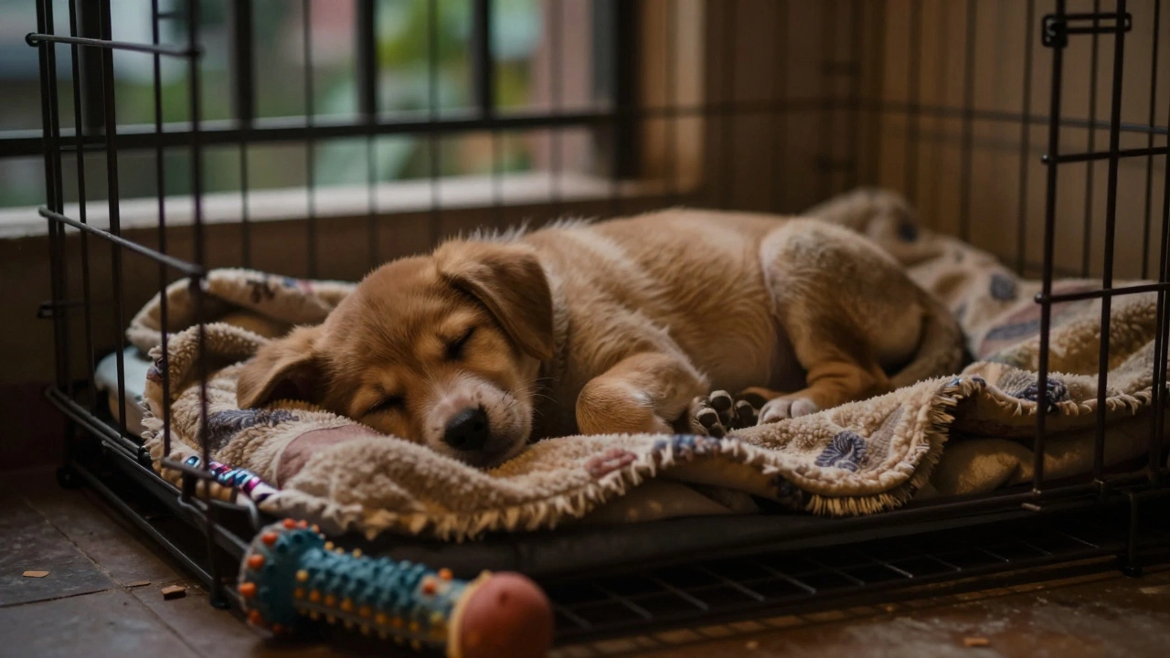 Sleeping puppy in a crate with a chew toy nearby in a quiet room