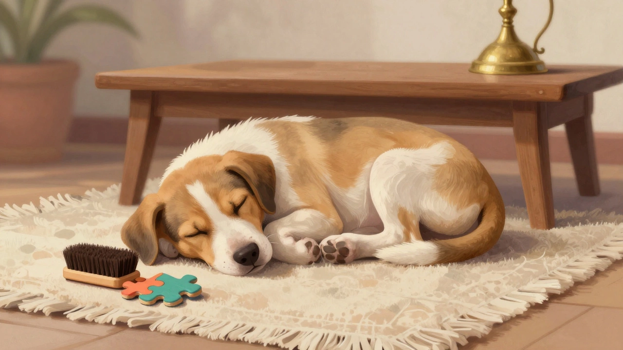 Sleeping puppy resting on a rug with grooming tools nearby in a quiet home