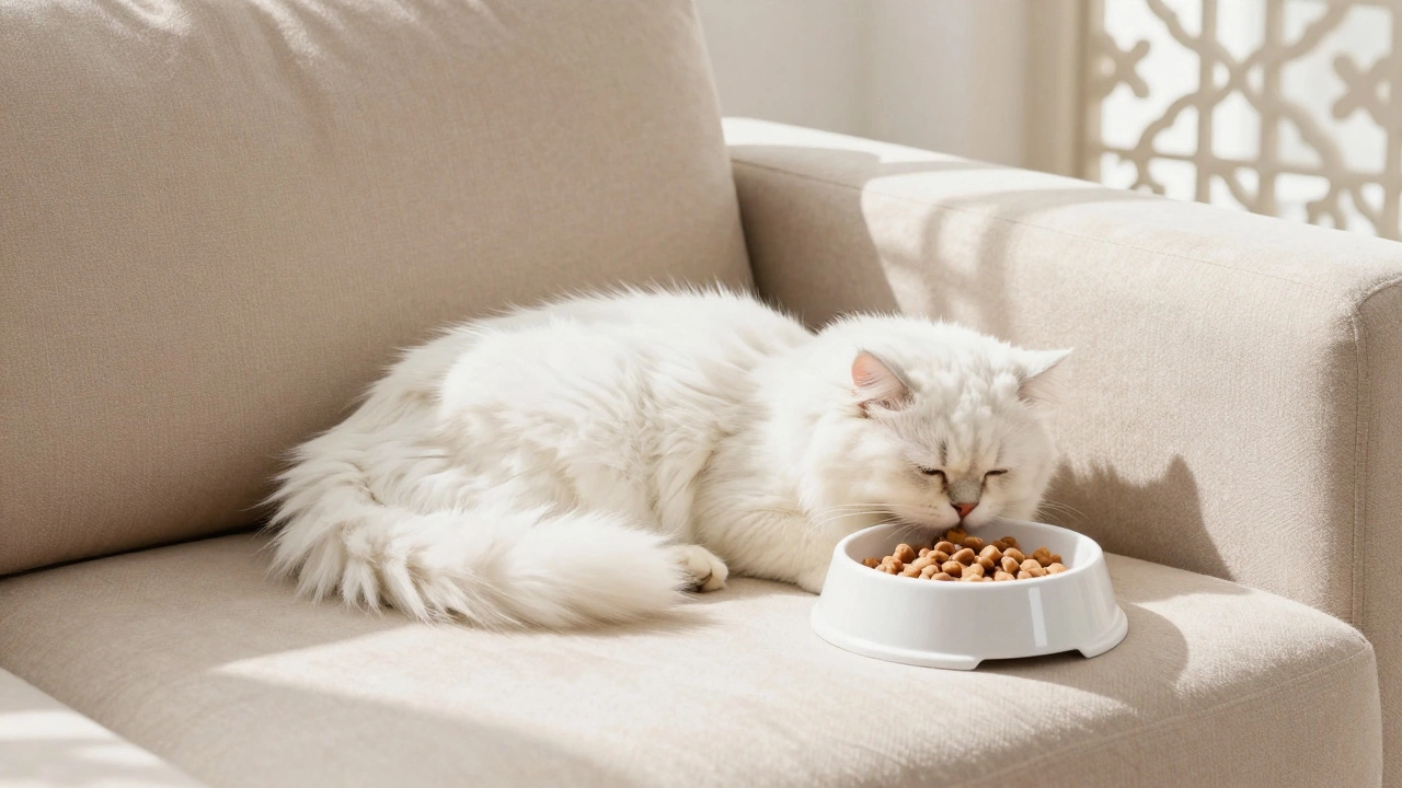 Sleeping white cat next to a slow feeder bowl in a sunlit room