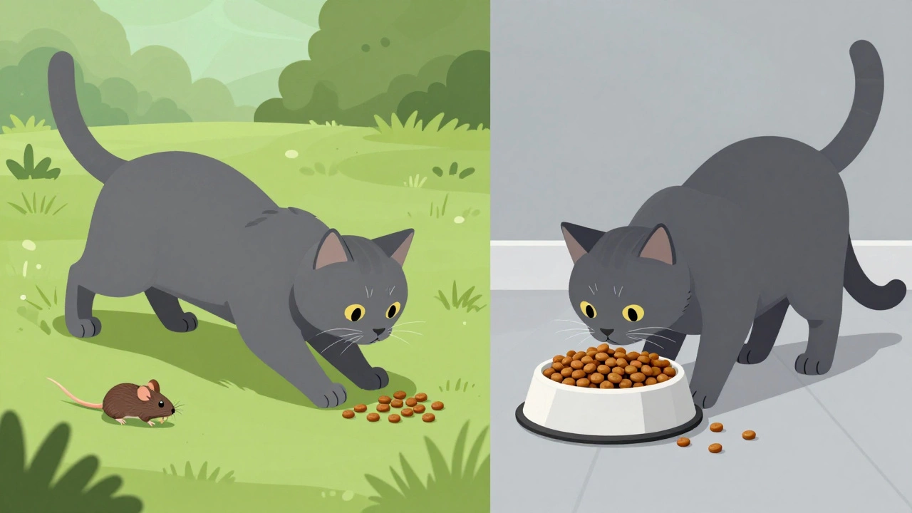 Split image showing wild hunting vs indoor grazing cat eating habits