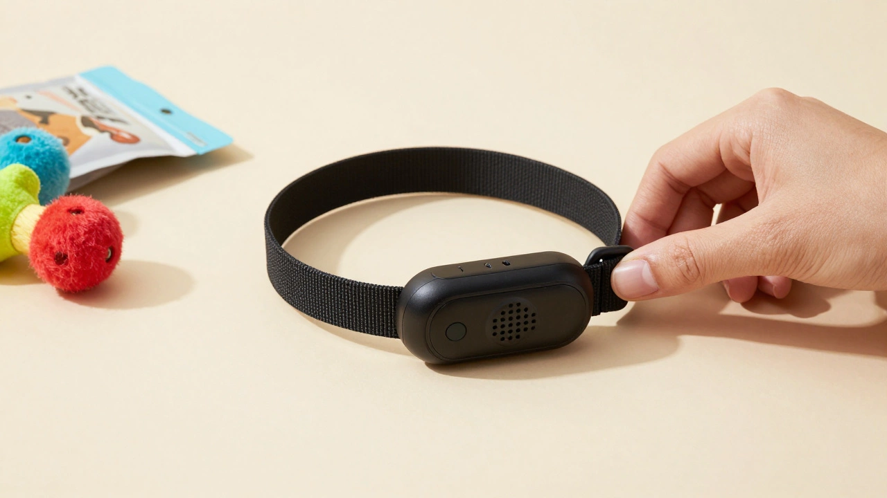 Ultrasonic anti-bark collar displayed with dog toys and treats on a neutral surface