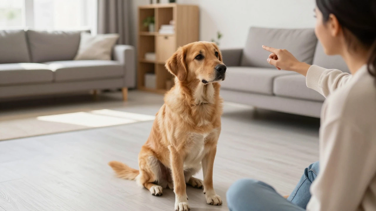 Calm, trained dog sitting in an open living room, ready to respond to owner