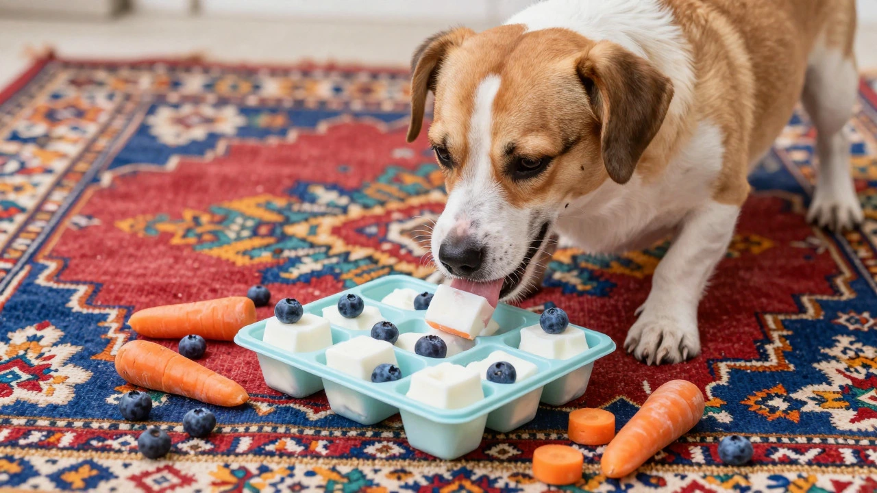 Dog licking a frozen yogurt cube treat on a colorful rug