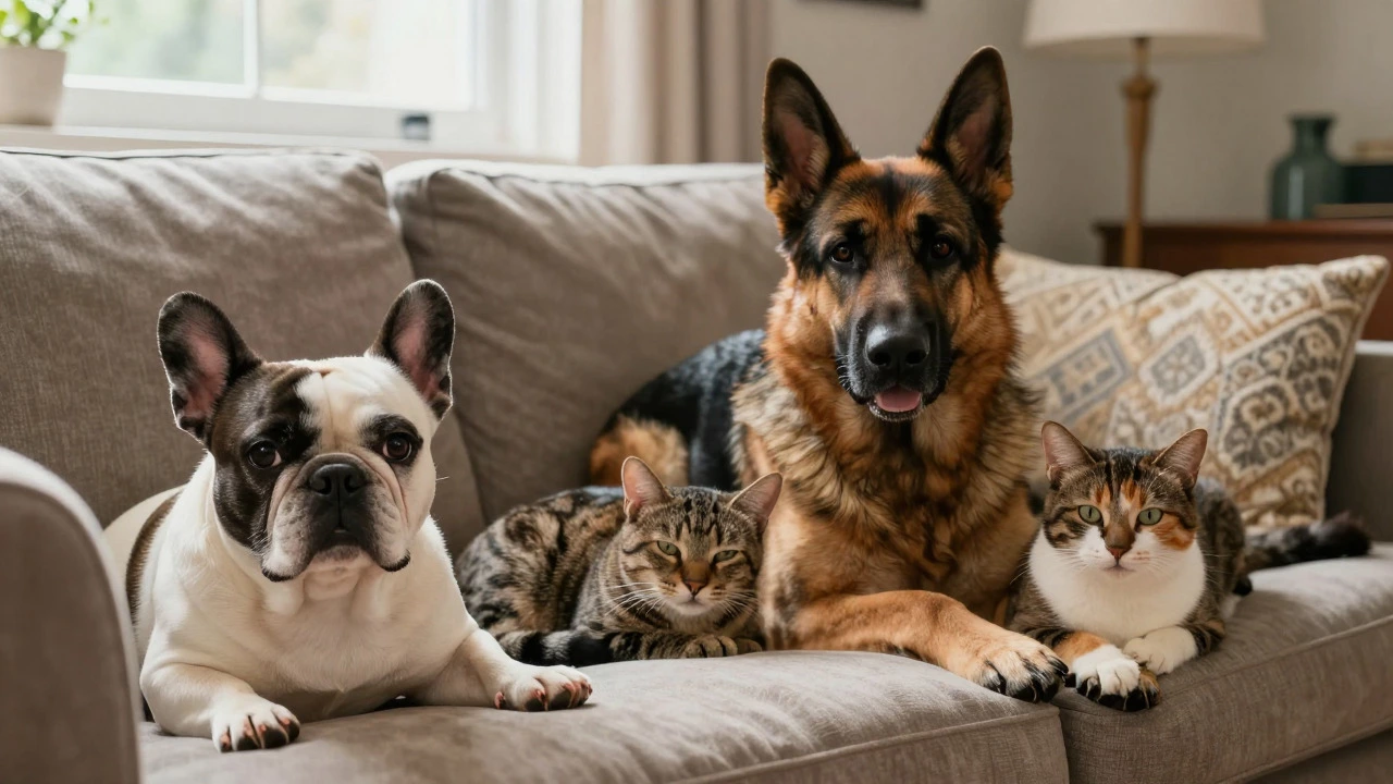 French Bulldog, German Shepherd, and cat on sofa