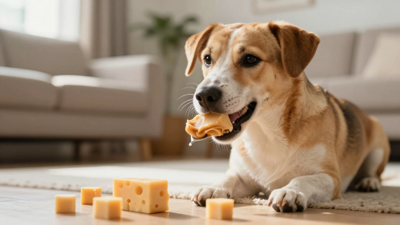 Happy dog eating boiled chicken instead of cheese, representing safe dietary alternatives.
