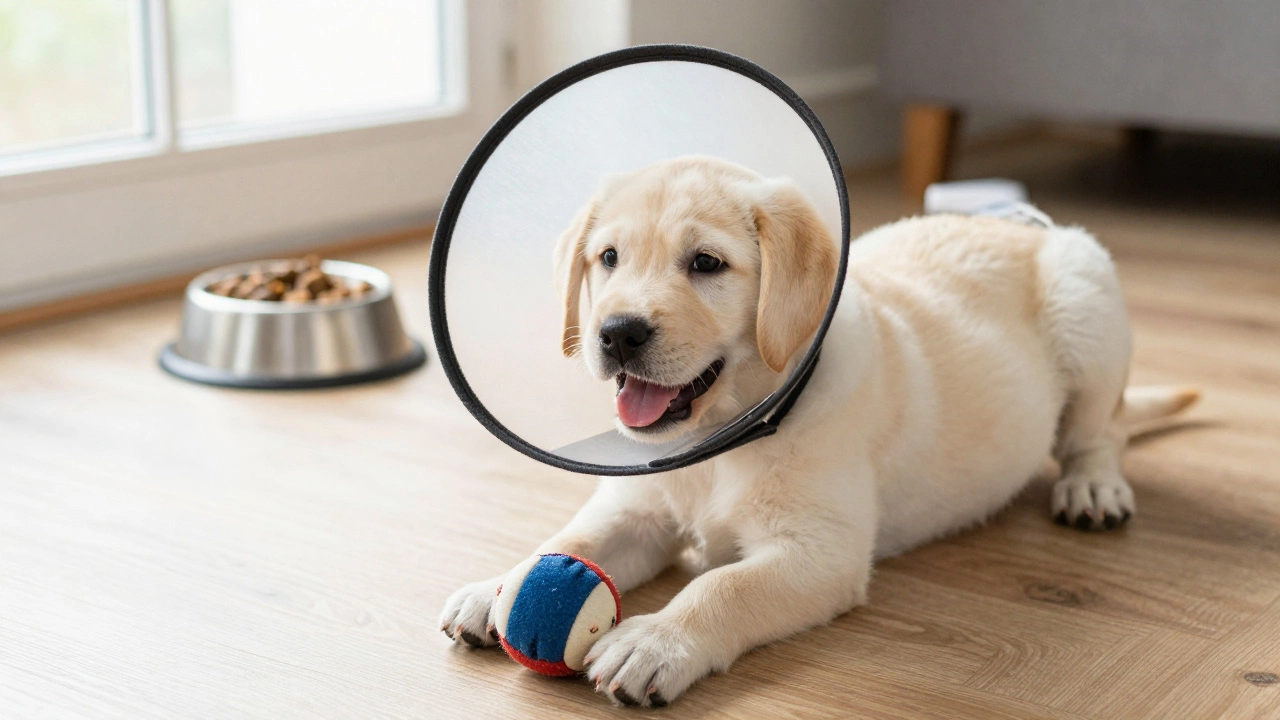 Happy puppy wearing a soft fabric e-collar playing indoors