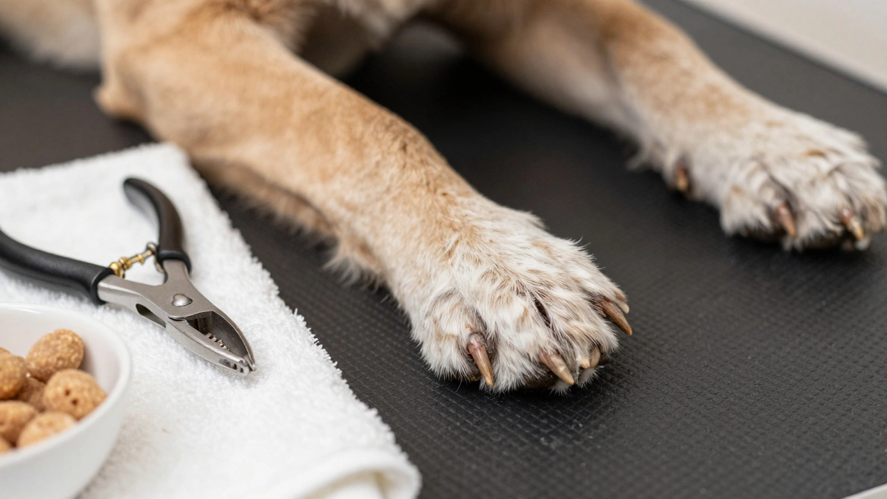 Overgrown dog nails on a mat with clippers and treats