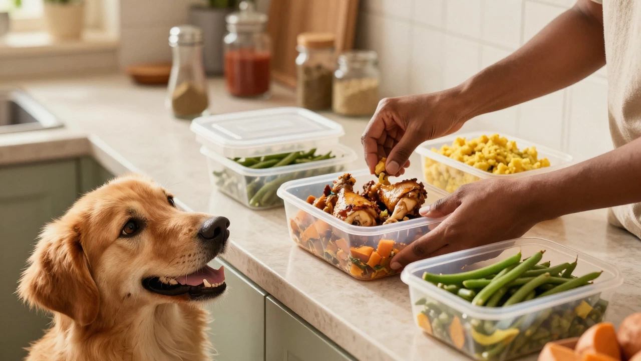 Person preparing bulk meals for a dog in a warm home kitchen