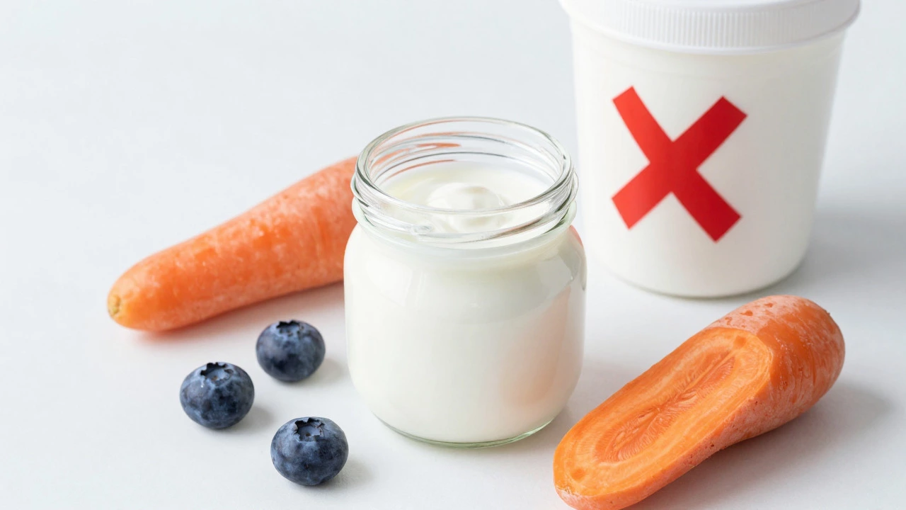 Plain Greek yogurt jar with blueberries and carrots on a clean surface