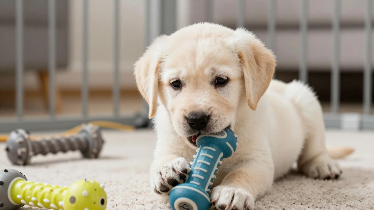 Puppy chewing on a safe toy in a playpen, avoiding household hazards