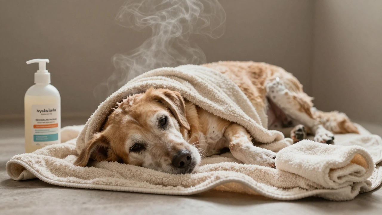 Senior dog wrapped in a warm towel after a gentle bath