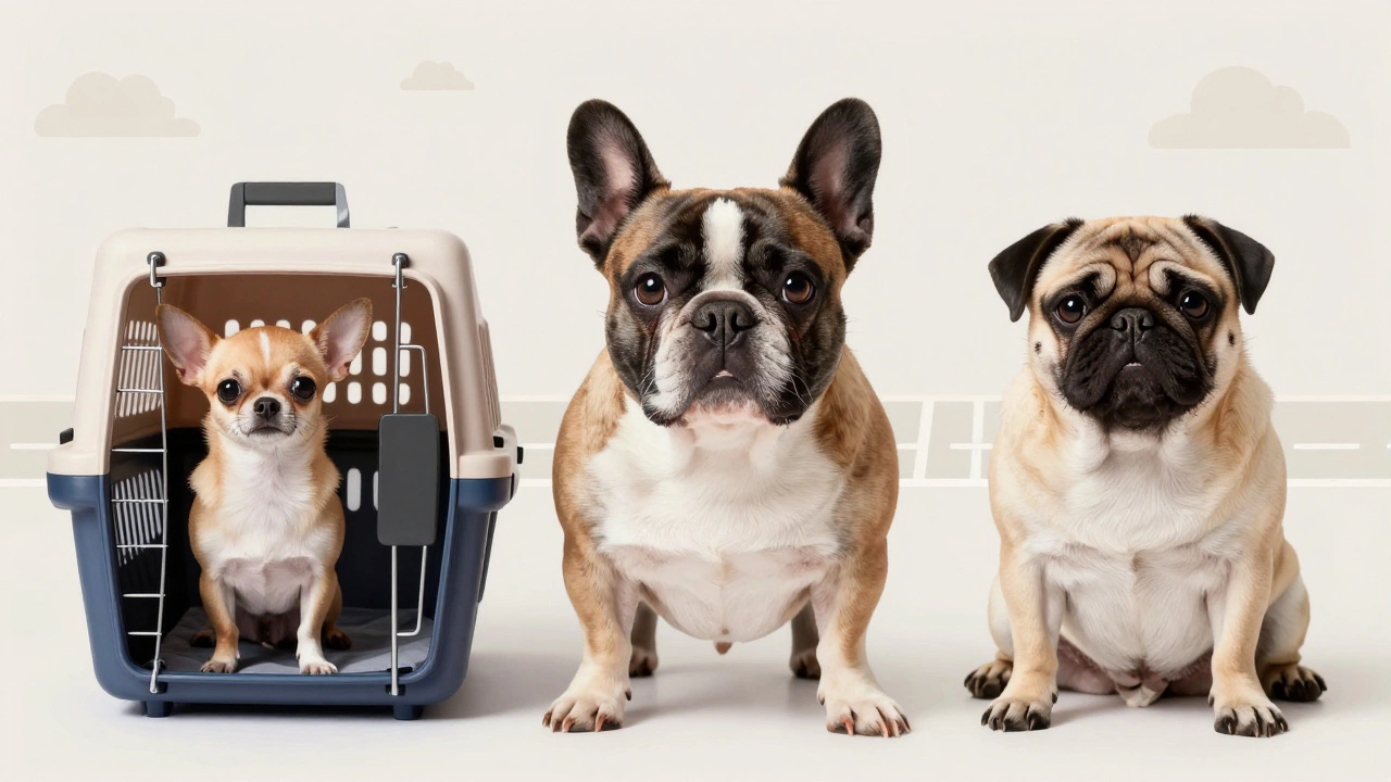 Three small dog breeds illustrating airline cabin size and breed rules