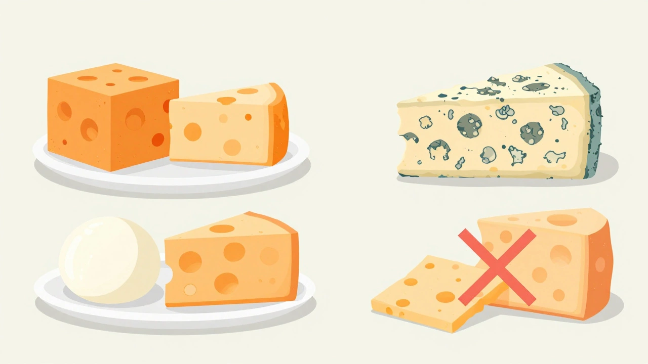 Visual comparison of safe cheeses like cheddar versus unsafe blue cheese for dogs.