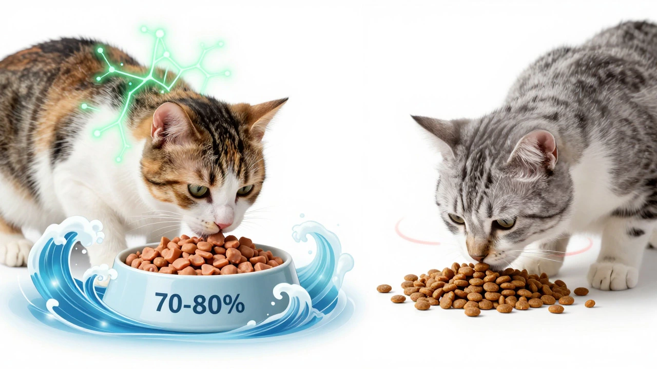 Visual metaphor comparing wet vs dry food satiety