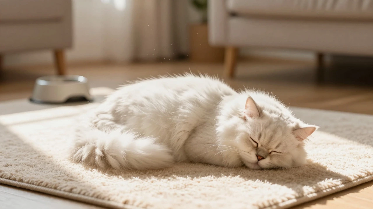 White Persian cat sleeping peacefully after eating