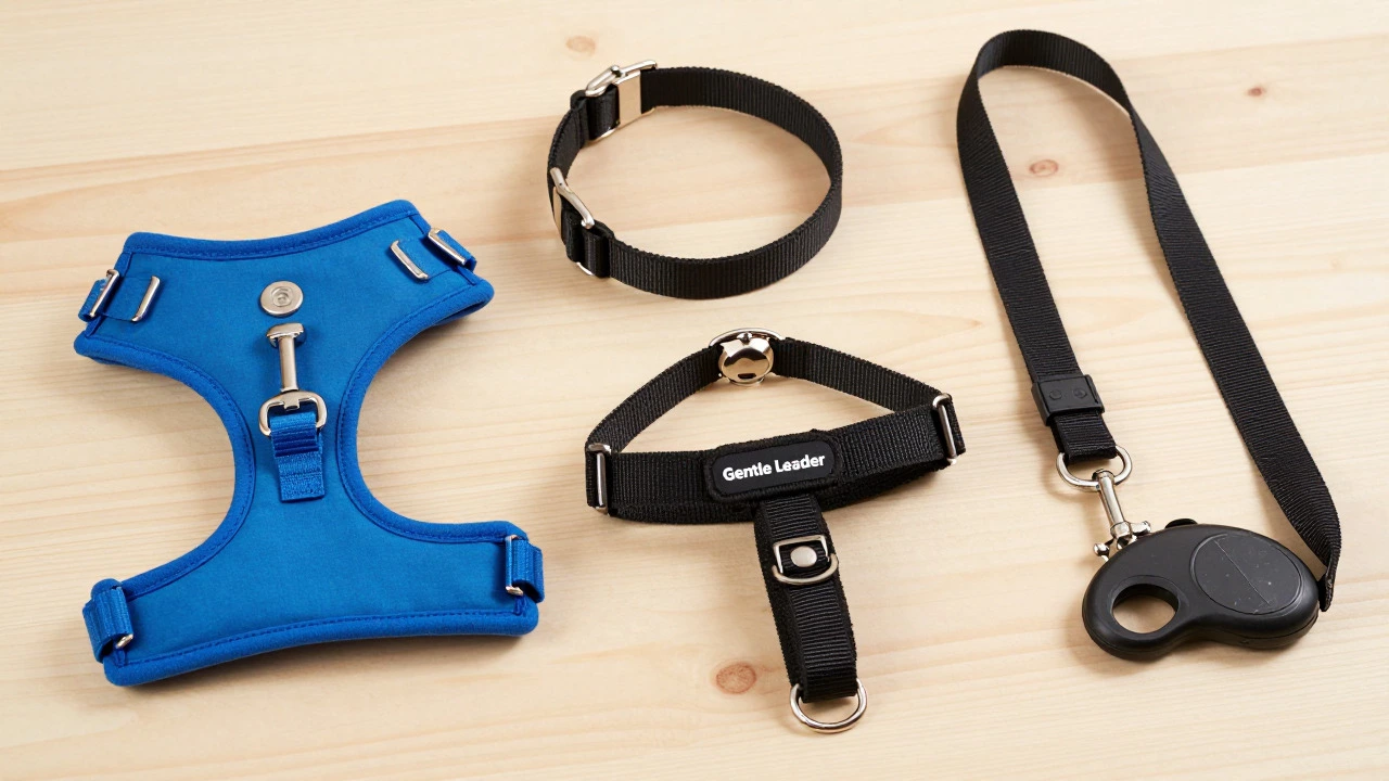Assortment of dog walking gear including harnesses and leashes on a table