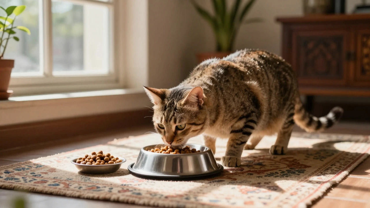 Cat eating from a bowl with dry food nearby in a sunlit room with Indian decor