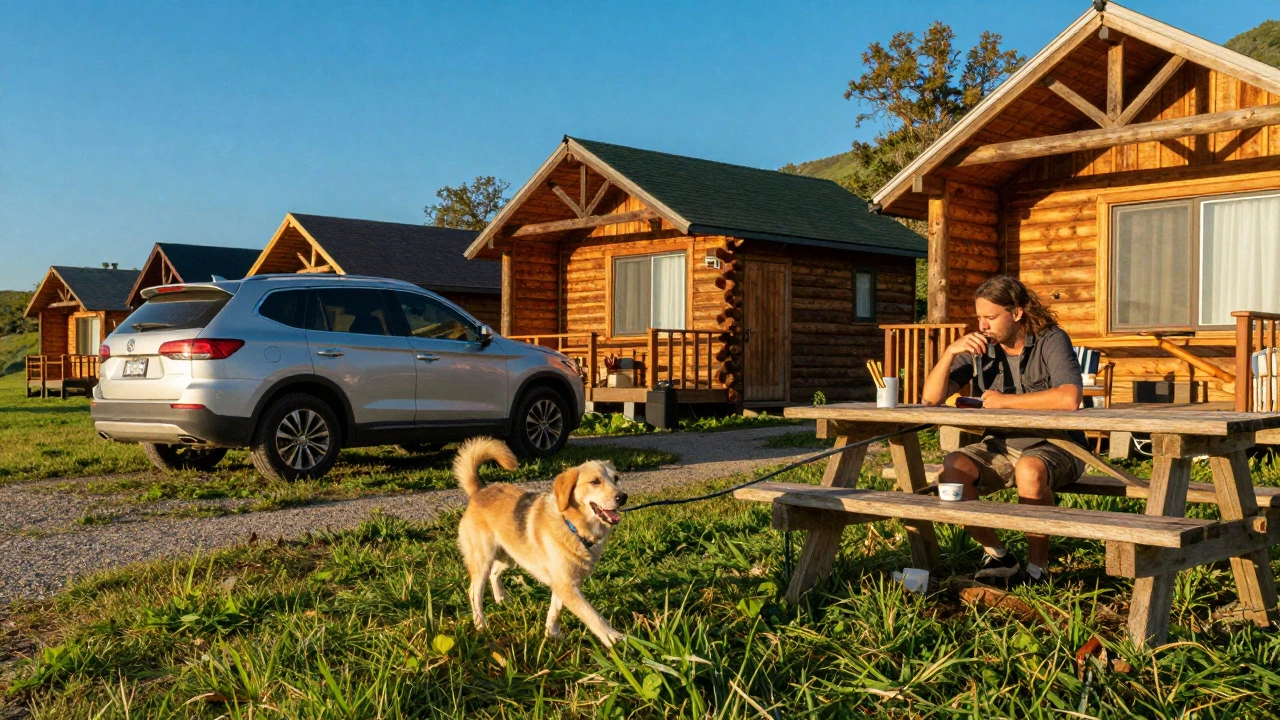 Dog exploring a grassy area near a car at a budget-friendly camping site.
