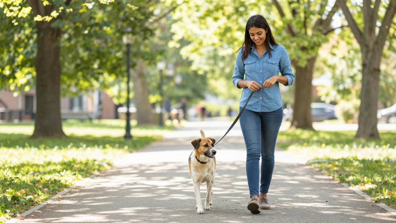 Dog walking calmly beside owner who is rewarding it with a treat