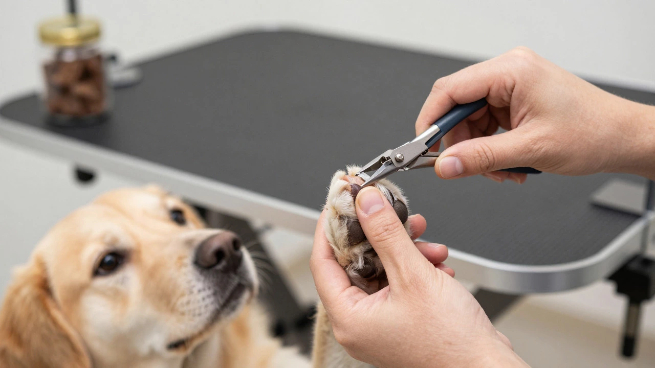 Groomer carefully trimming a dog's dark nail while holding the paw steady