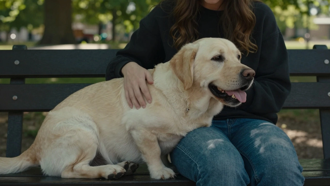 Happy dog leaning against owner's leg on a park bench