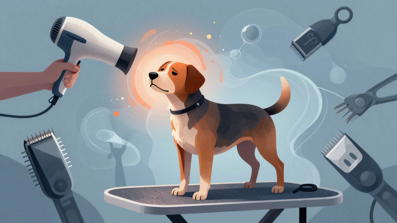 Illustration of a stressed dog on a grooming table surrounded by abstract sound waves