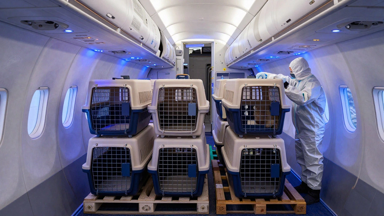 Neatly stacked pet crates in a clean, pressurized airplane cargo hold