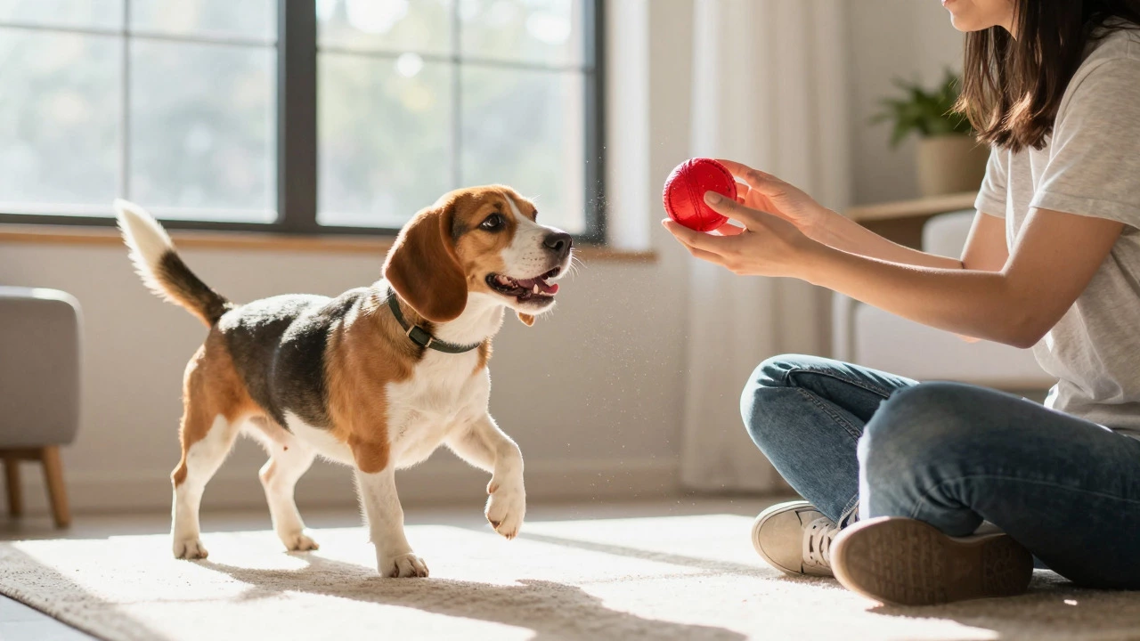 Person playing fetch with a beagle indoors