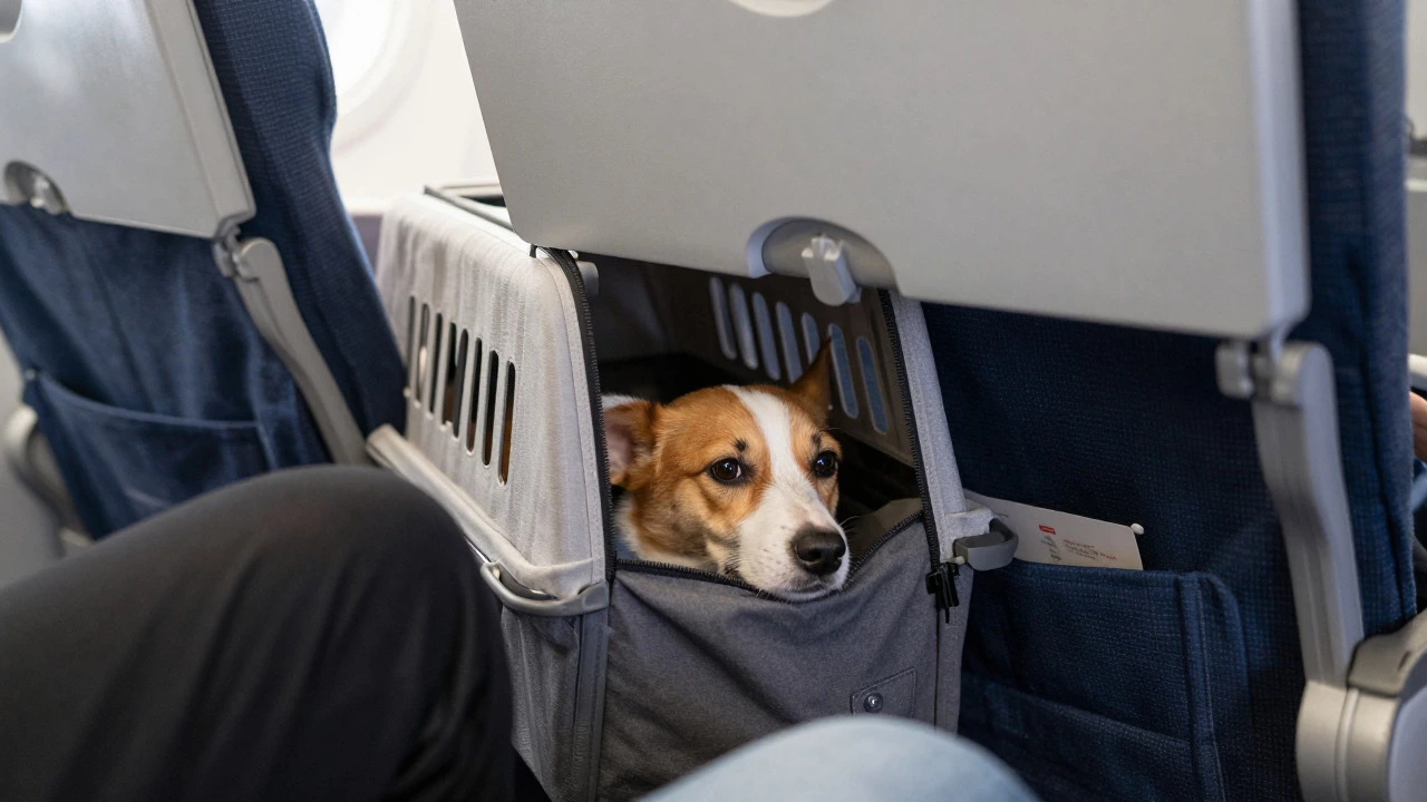 Pet resting calmly in a soft carrier under an airplane seat during a flight.