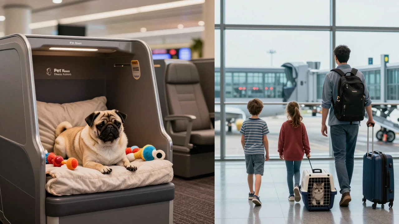 Split view of a pet lounge facility and family preparing for direct flight