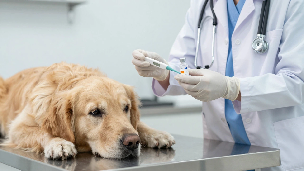 Veterinarian checking a Golden Retriever with medical tools in a clinic