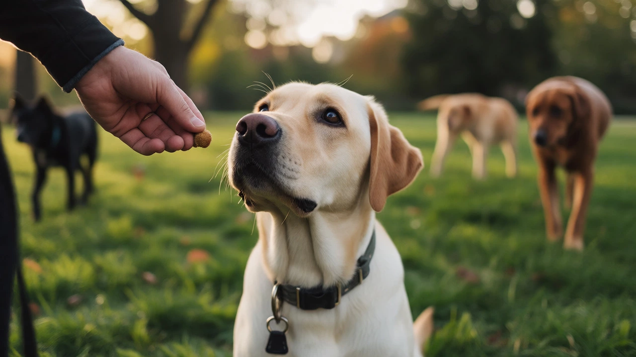 A Labrador sitting attentively for a treat during outdoor training with other dogs in the distance.