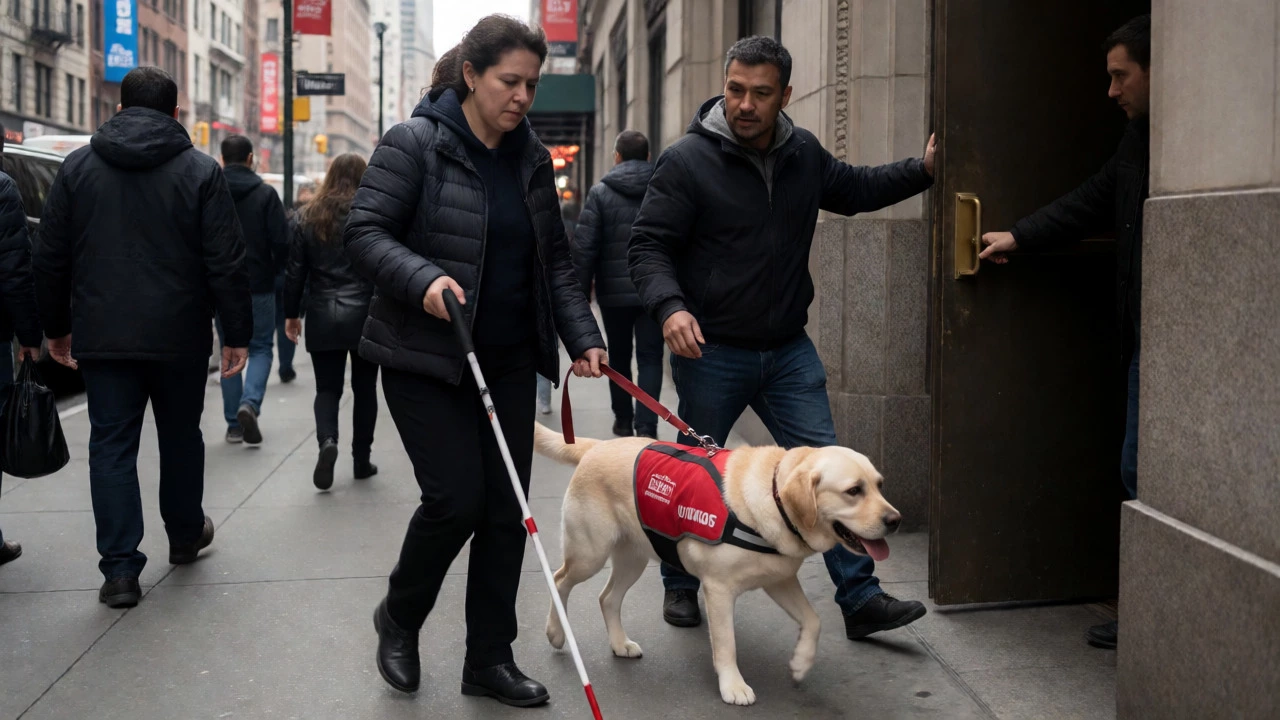 A service dog guides its handler through a busy street while a bystander respectfully steps aside.