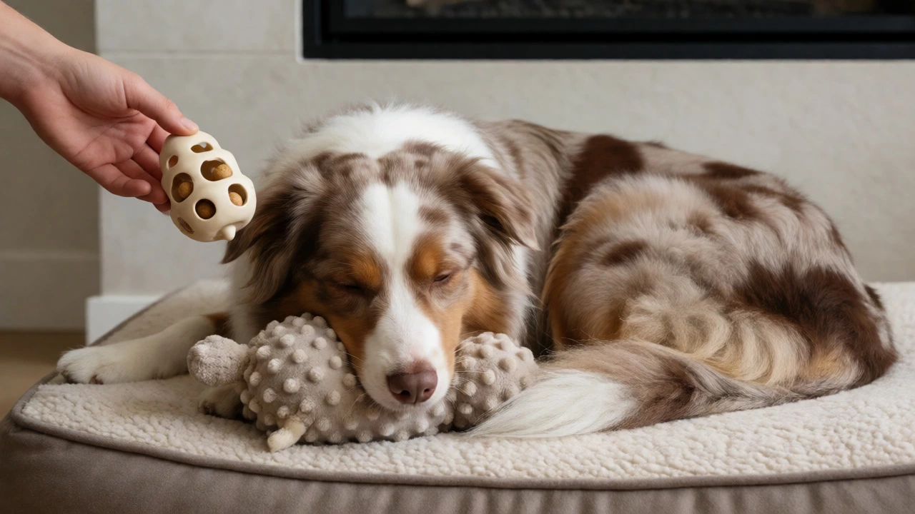 An Australian Shepherd nooking a soft toy while an owner offers a puzzle feeder nearby.