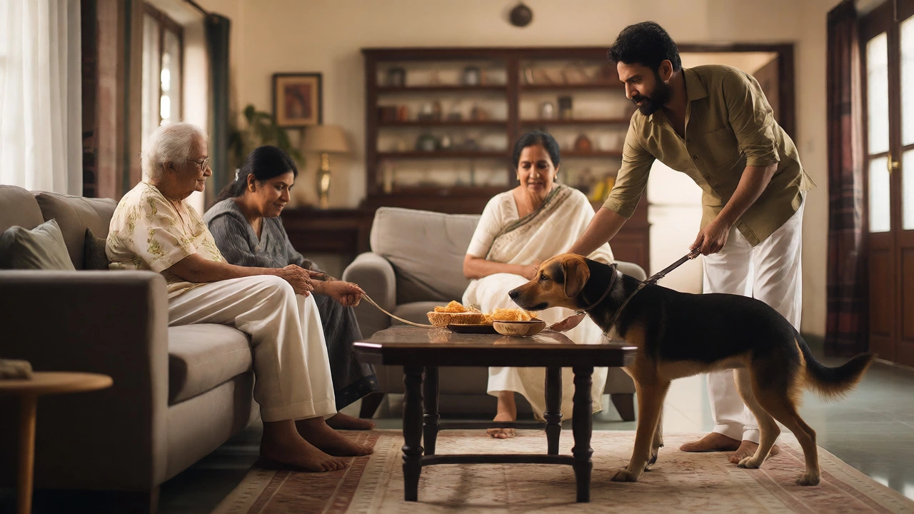 An Indian family consistently managing their dog's behavior near a coffee table in a living room.