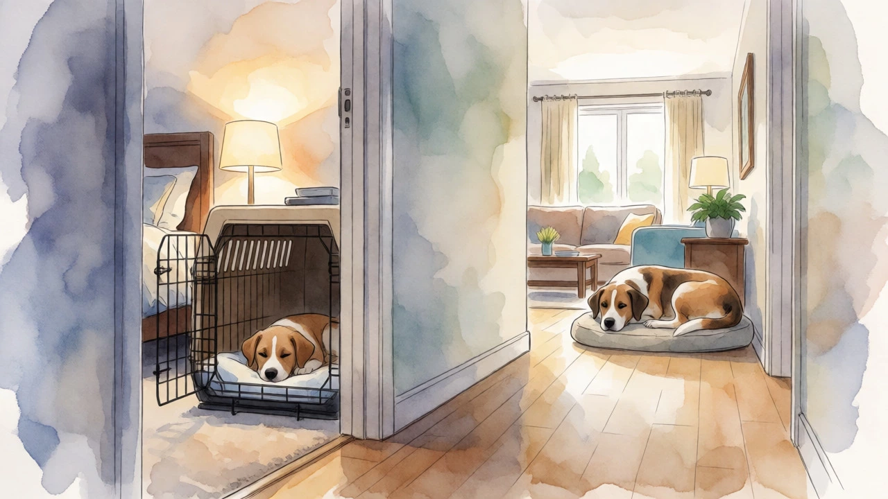 Artistic depiction of a puppy transitioning from bedroom to hallway sleeping areas