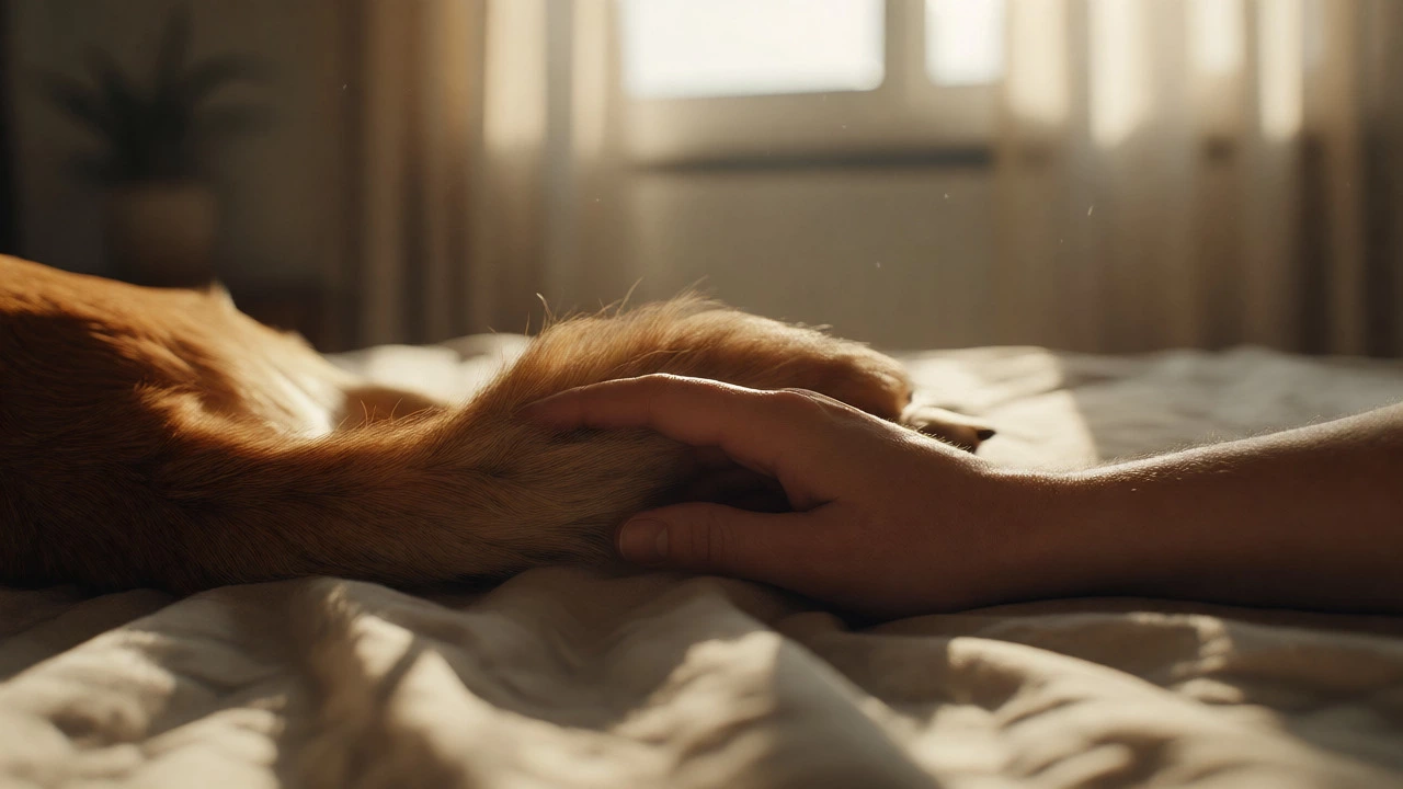 Close-up of a dog's back touching a human hand, showing trust and bonding.
