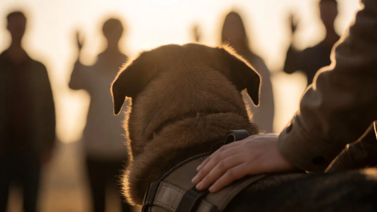 Close-up of a service dog's harness and handler's hand, with observers keeping a respectful distance.