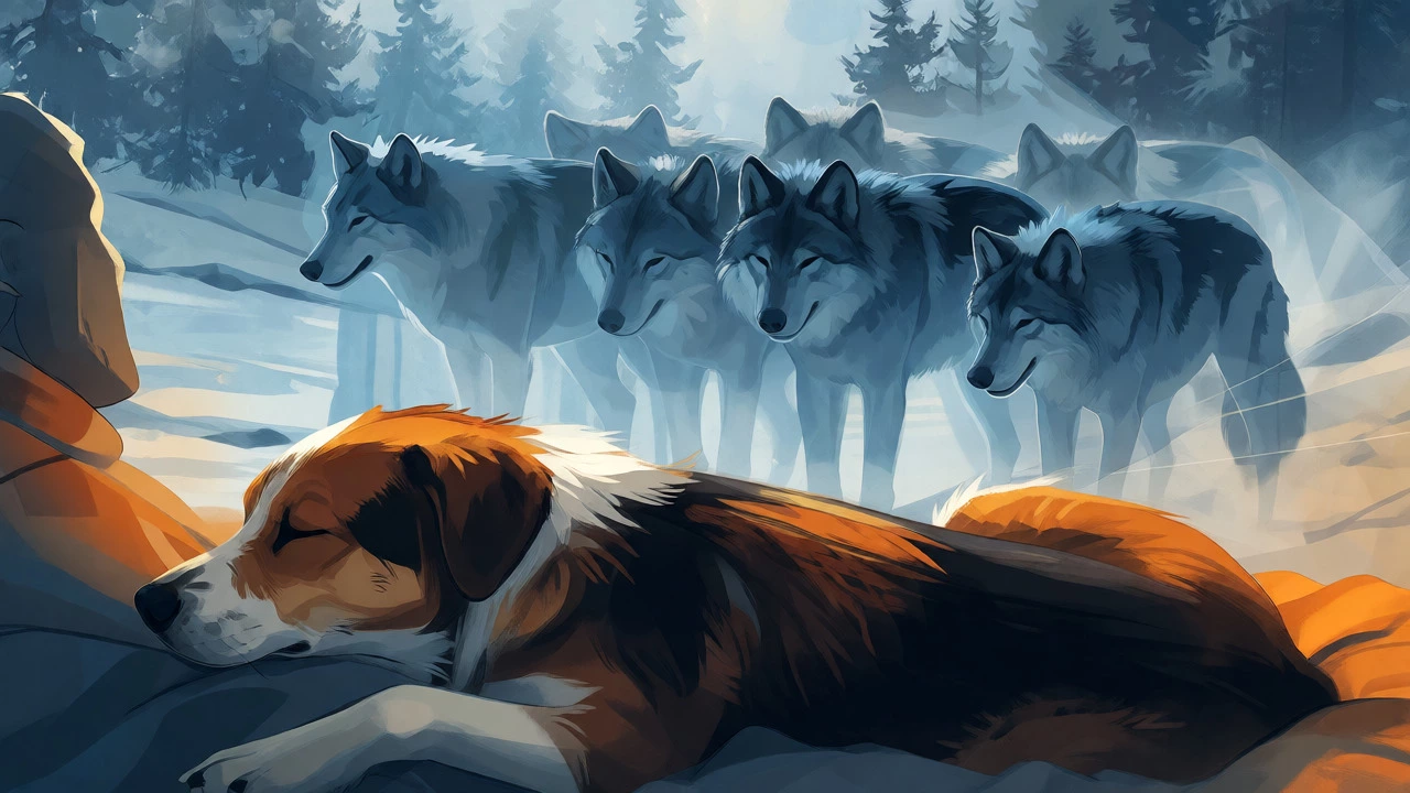 Conceptual art linking a sleeping dog to its wolf ancestors in a pack.
