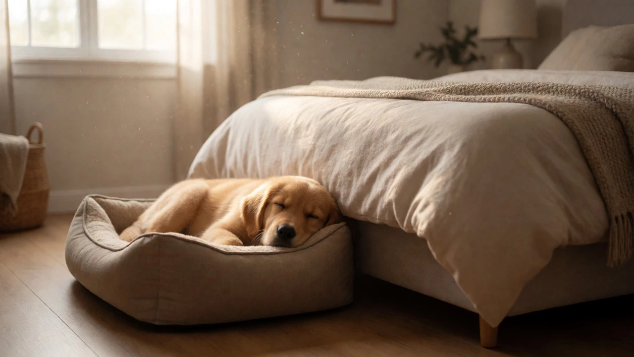 Golden retriever puppy sleeping in a dog bed next to a human bed
