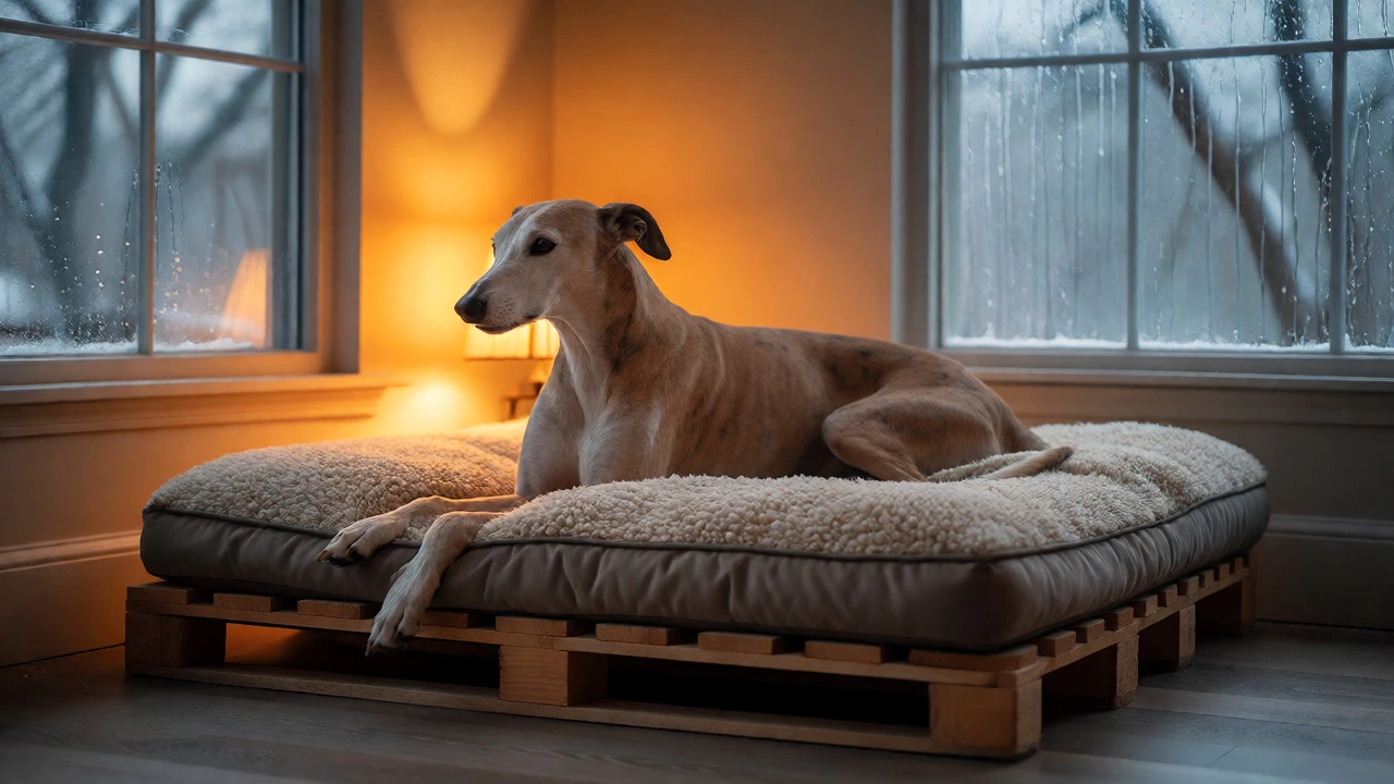 Greyhound on warm fleece bed