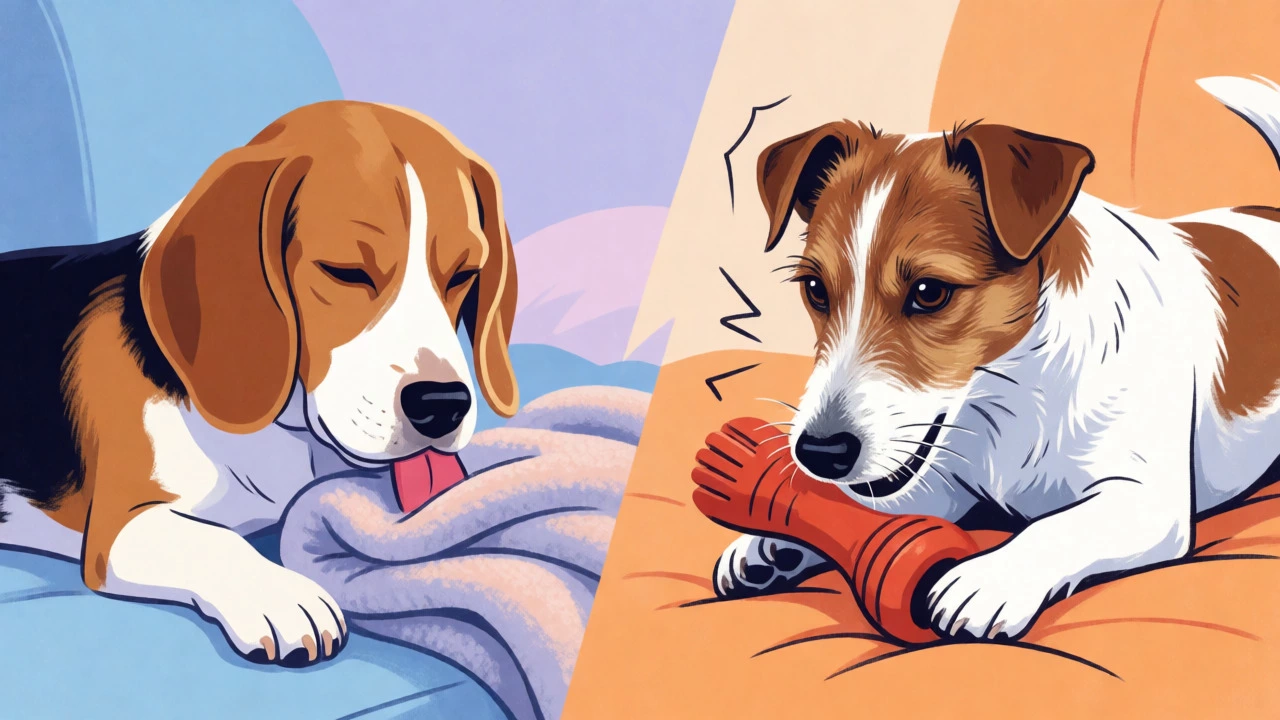 Illustration comparing a calm dog licking a blanket versus an active dog shredding a toy.