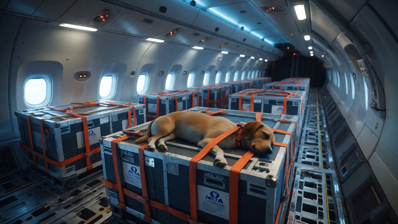 Large dog sleeping calmly in secure crate inside aircraft cargo hold