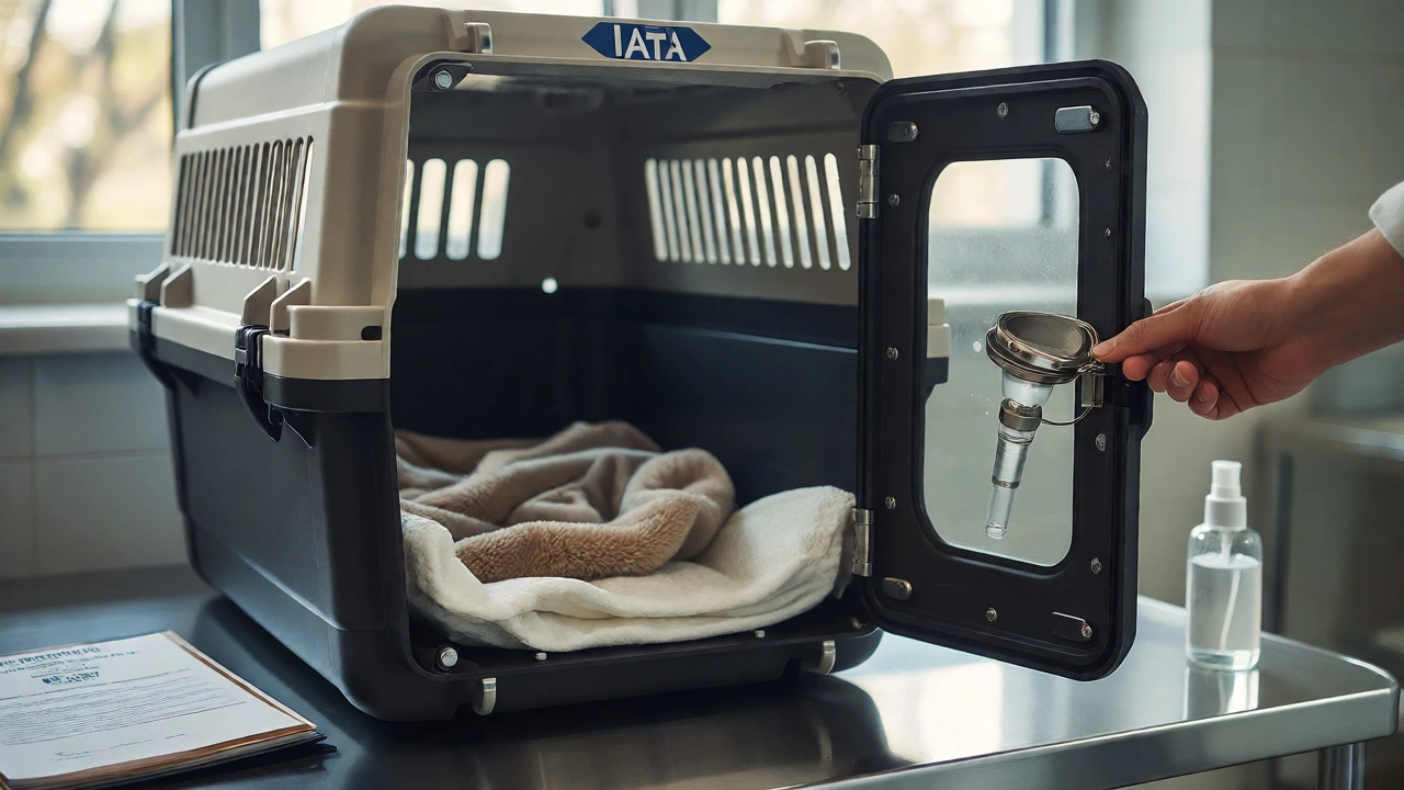 Preparing IATA compliant pet crate with bedding and water dispenser for air travel