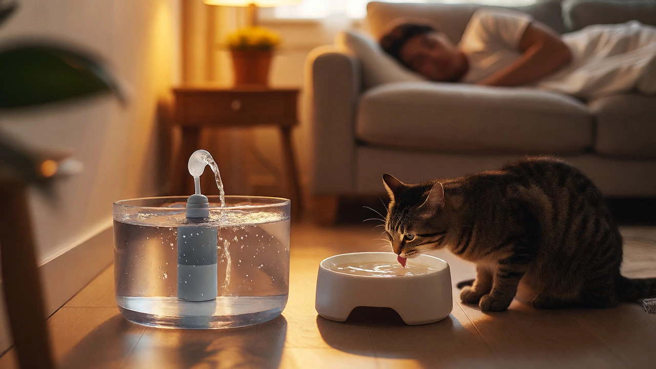 Tabby cat drinking from a pet water fountain near a sleeping owner