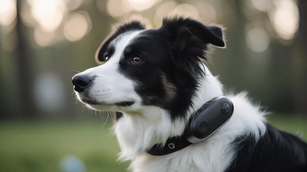 Border Collie wearing modern electronic training collar outdoors