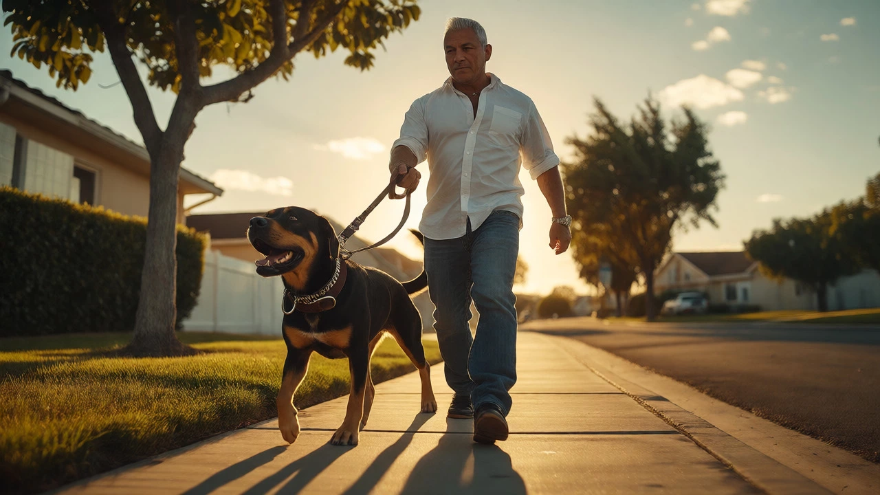 Cesar Millan walking a large dog with a prong collar on a sunny sidewalk demonstrating leadership.